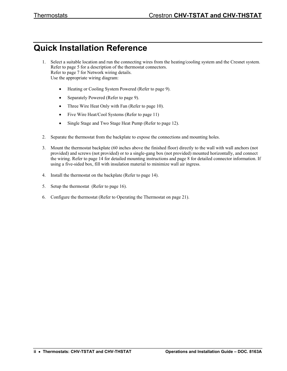 Quick installation reference, Thermostats crestron chv-tstat and chv-thstat | Crestron electronic CHV-THSTAT User Manual | Page 4 / 48