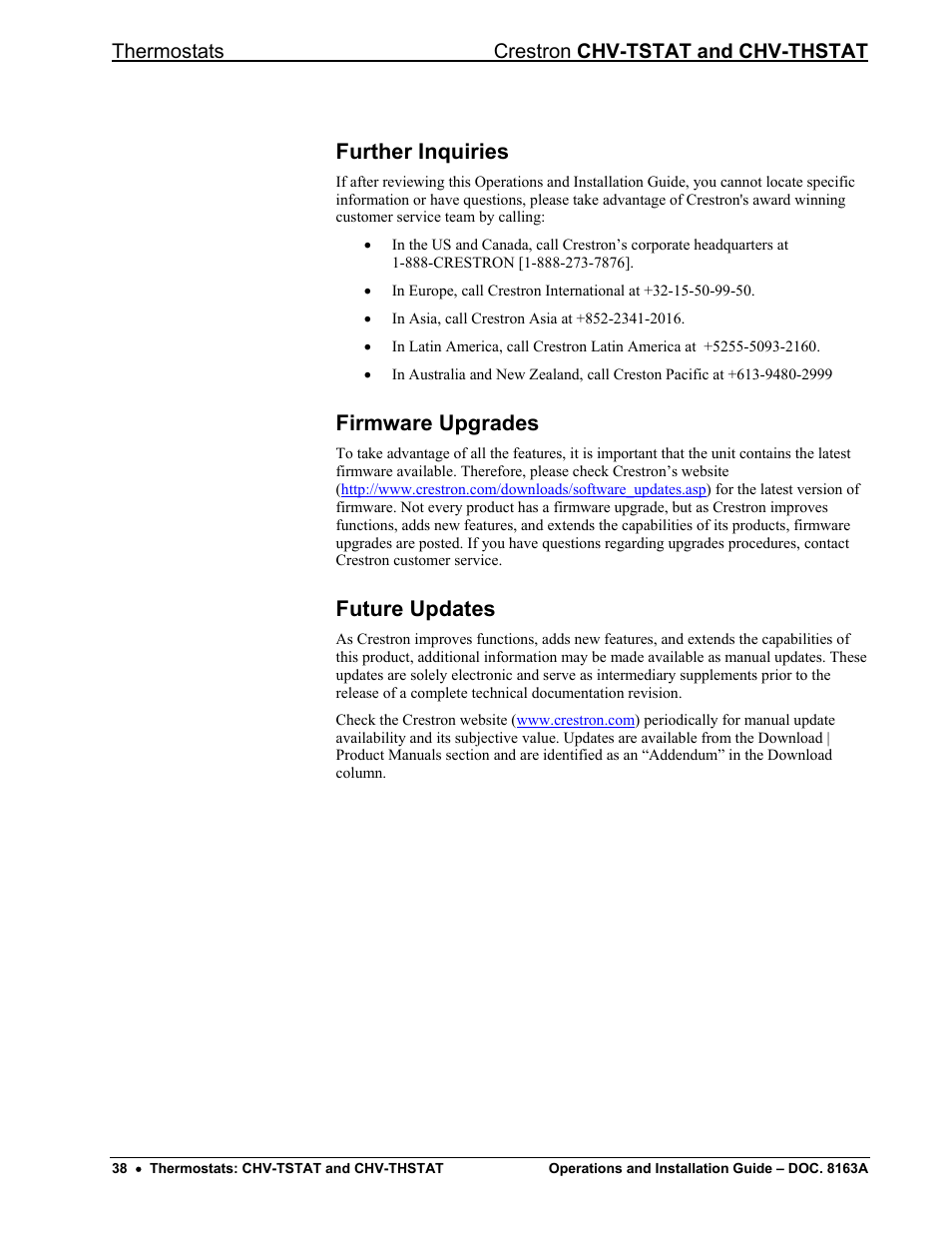 Further inquiries, Firmware upgrades, Future updates | Thermostats crestron chv-tstat and chv-thstat | Crestron electronic CHV-THSTAT User Manual | Page 42 / 48