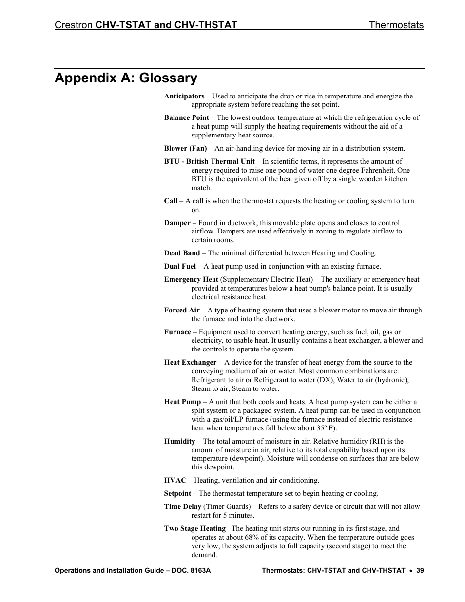 Appendix a: glossary, Crestron chv-tstat and chv-thstat thermostats | Crestron electronic CHV-THSTAT User Manual | Page 43 / 48