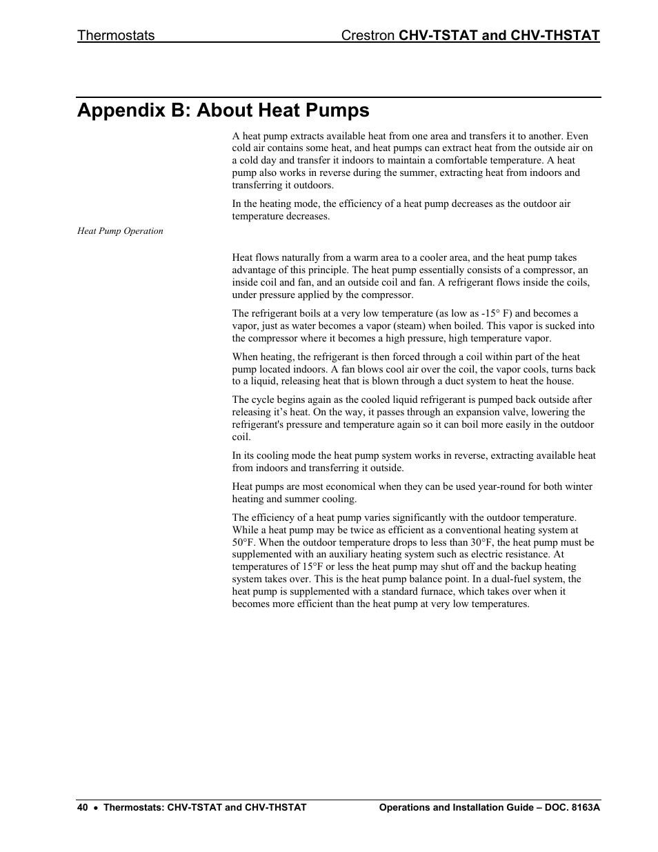 Appendix b: about heat pumps, Thermostats crestron chv-tstat and chv-thstat | Crestron electronic CHV-THSTAT User Manual | Page 44 / 48