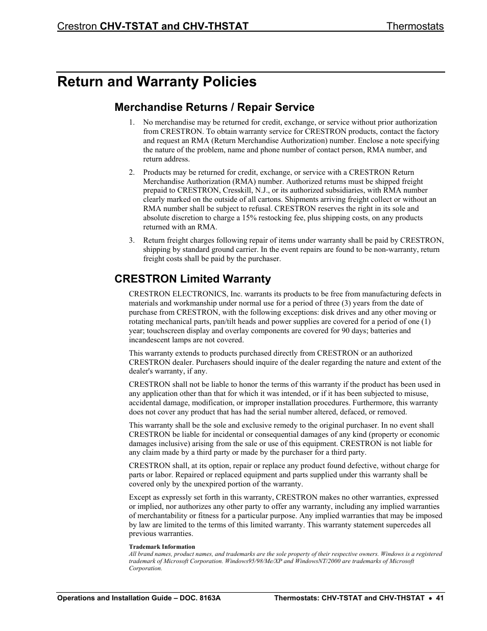 Return and warranty policies, Merchandise returns / repair service, Crestron limited warranty | Crestron chv-tstat and chv-thstat thermostats | Crestron electronic CHV-THSTAT User Manual | Page 45 / 48