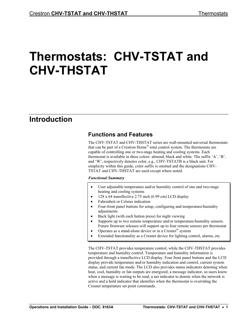 Thermostats: chv-tstat and chv-thstat, Introduction, Functions and features | Crestron chv-tstat and chv-thstat thermostats | Crestron electronic CHV-THSTAT User Manual | Page 5 / 48
