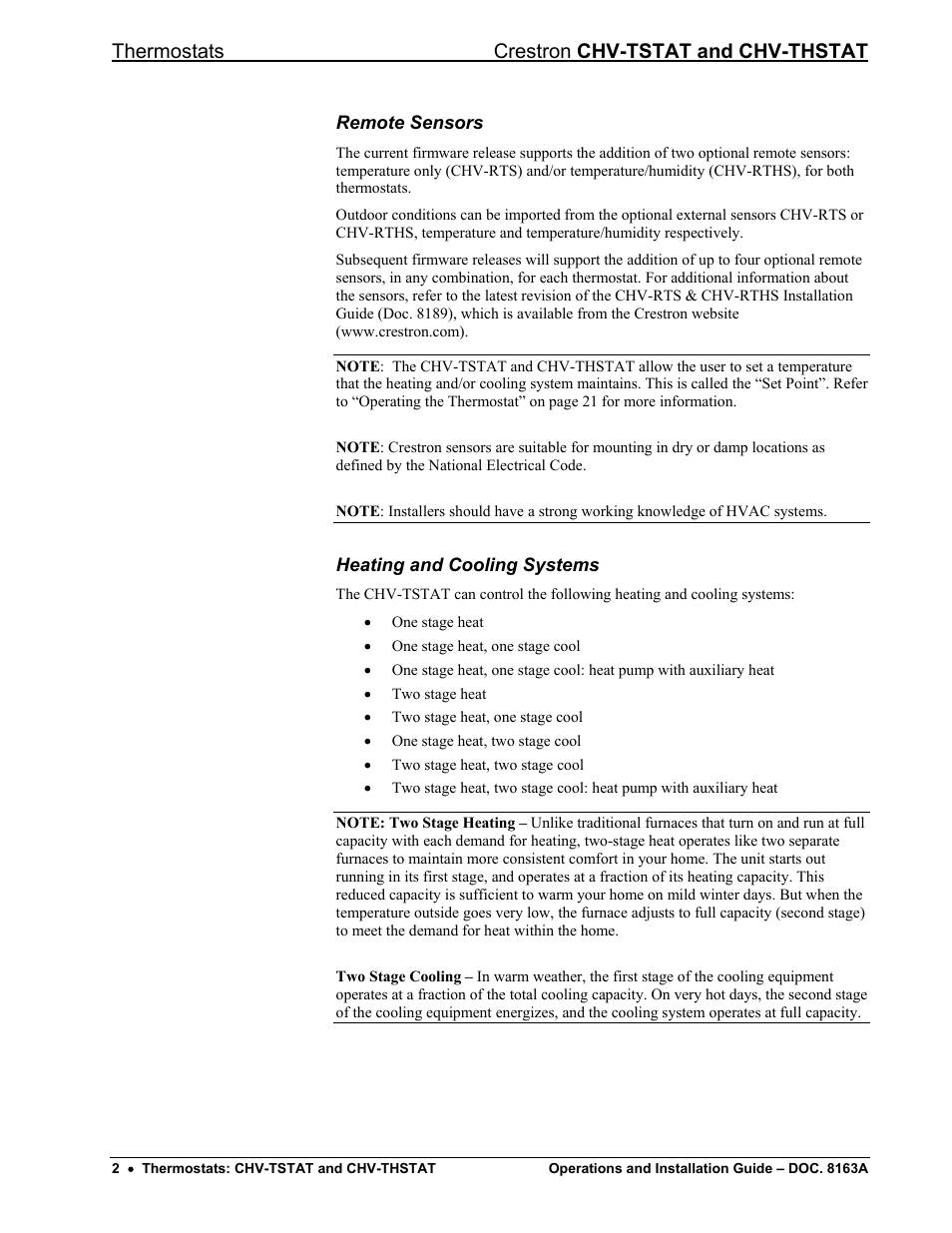 Remote sensors, Heating and cooling systems, Thermostats crestron chv-tstat and chv-thstat | Crestron electronic CHV-THSTAT User Manual | Page 6 / 48