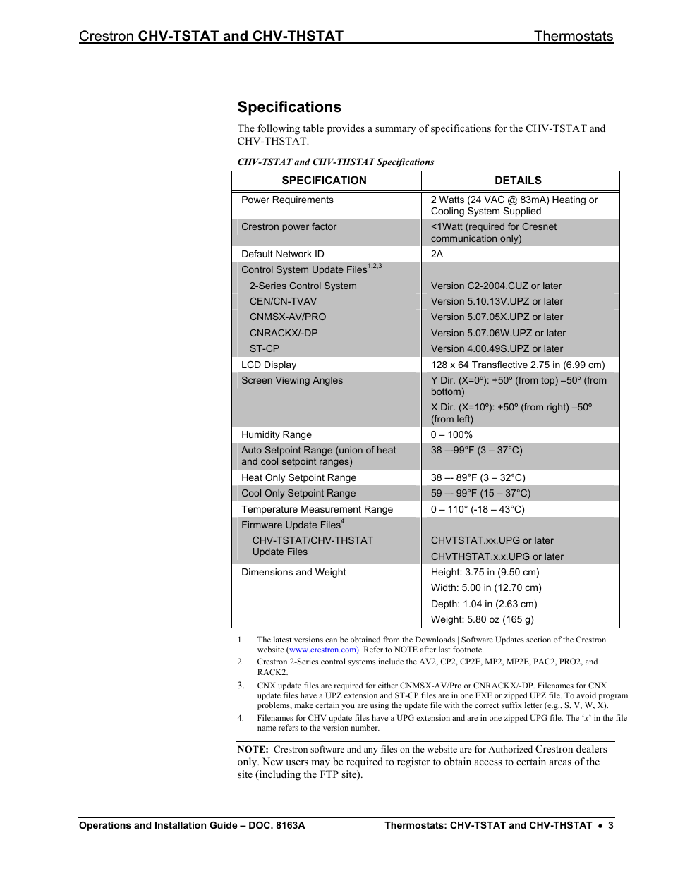 Specifications, Crestron chv-tstat and chv-thstat thermostats | Crestron electronic CHV-THSTAT User Manual | Page 7 / 48