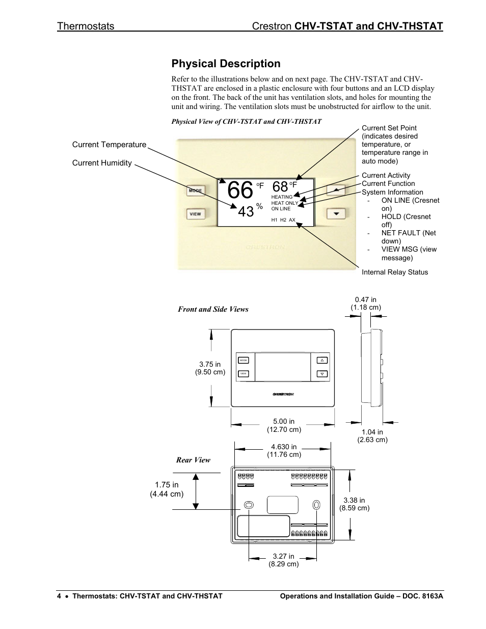 Physical description, Thermostats crestron chv-tstat and chv-thstat | Crestron electronic CHV-THSTAT User Manual | Page 8 / 48