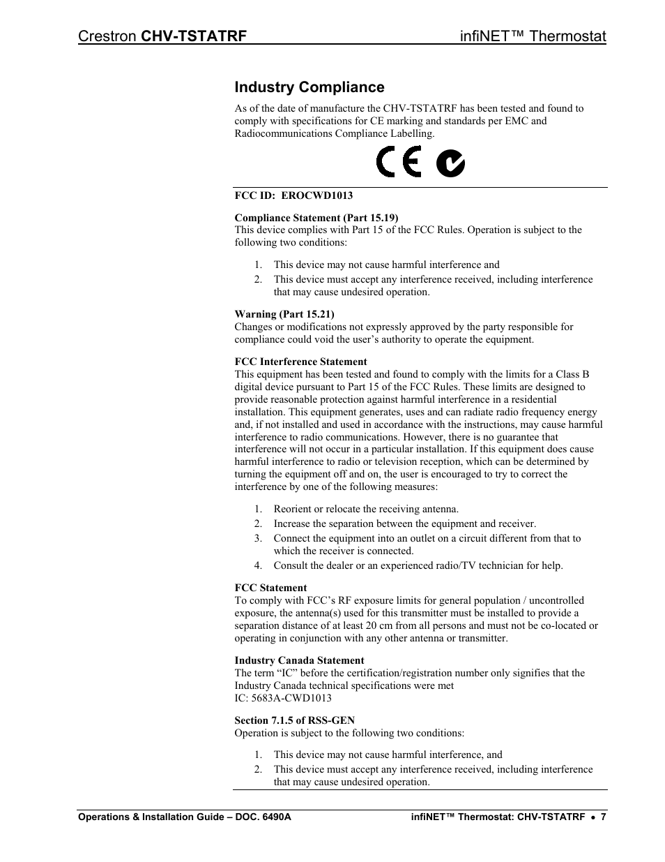 Industry compliance, Crestron chv-tstatrf infinet™ thermostat | Crestron electronic CHV-TSTATRF User Manual | Page 11 / 48