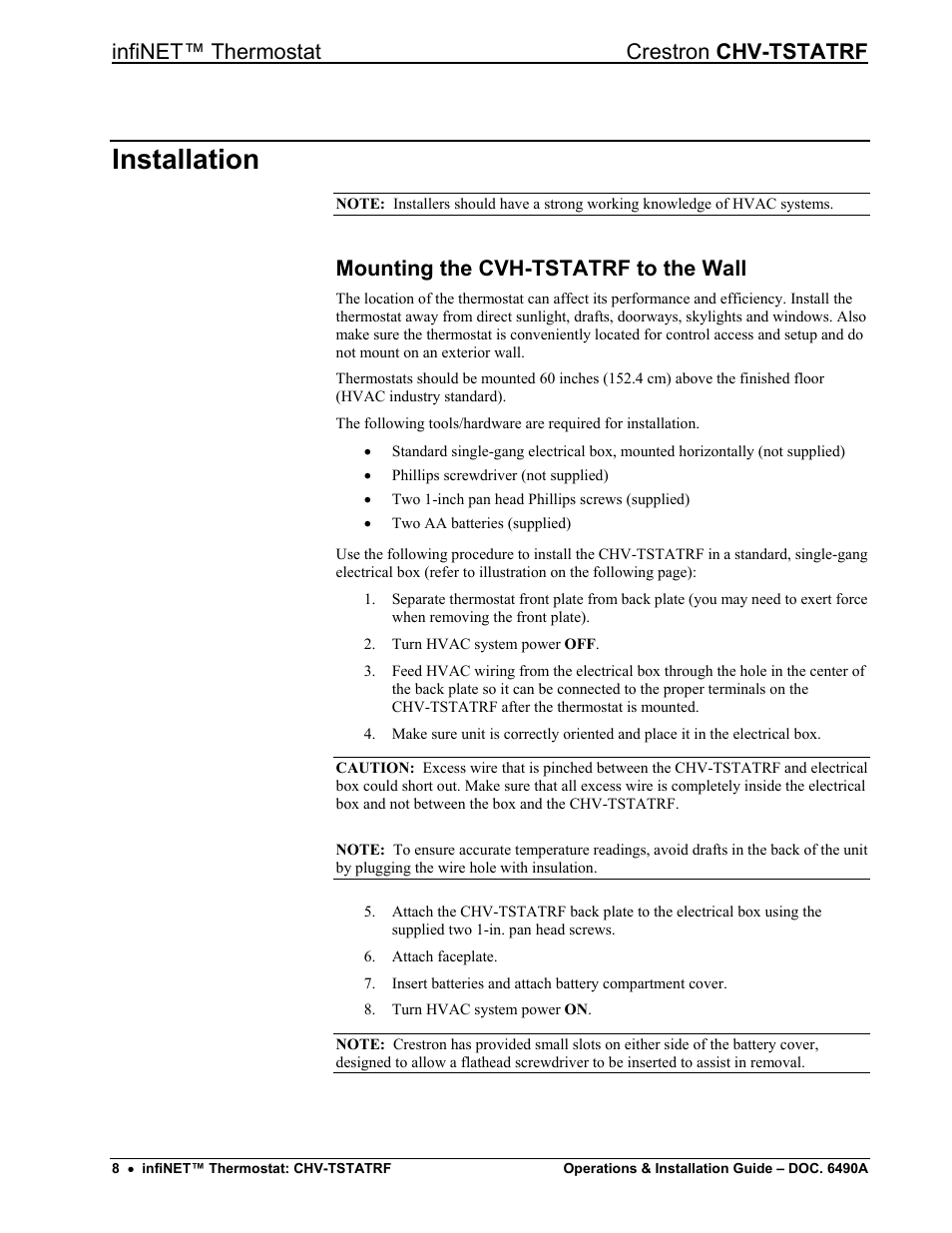 Installation, Mounting the cvh-tstatrf to the wall, Infinet™ thermostat crestron chv-tstatrf | Crestron electronic CHV-TSTATRF User Manual | Page 12 / 48