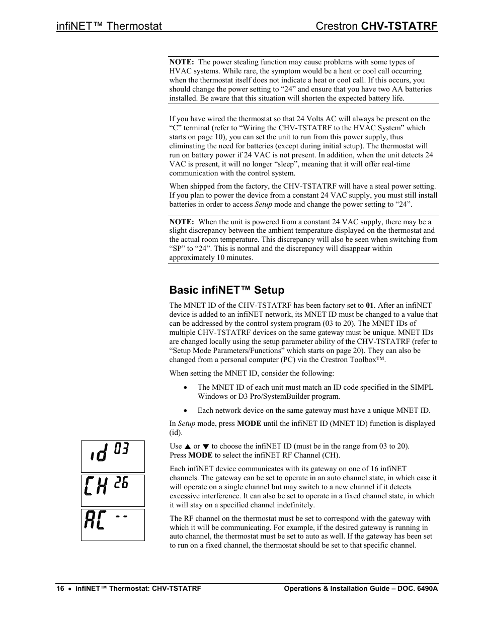 Basic infinet™ setup, Infinet™ thermostat crestron chv-tstatrf | Crestron electronic CHV-TSTATRF User Manual | Page 20 / 48