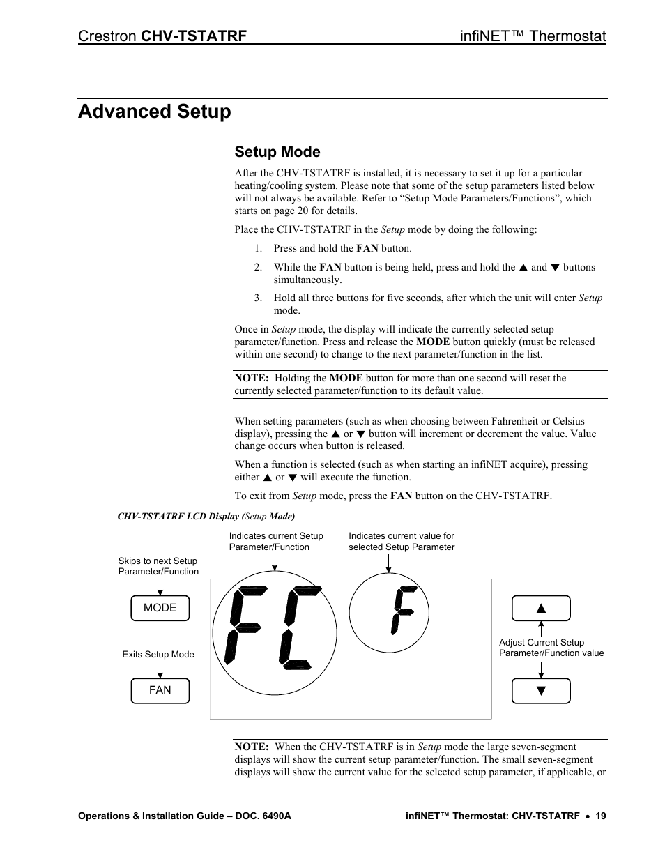 Advanced setup, Setup mode, Up mode” whi | Crestron chv-tstatrf infinet™ thermostat | Crestron electronic CHV-TSTATRF User Manual | Page 23 / 48