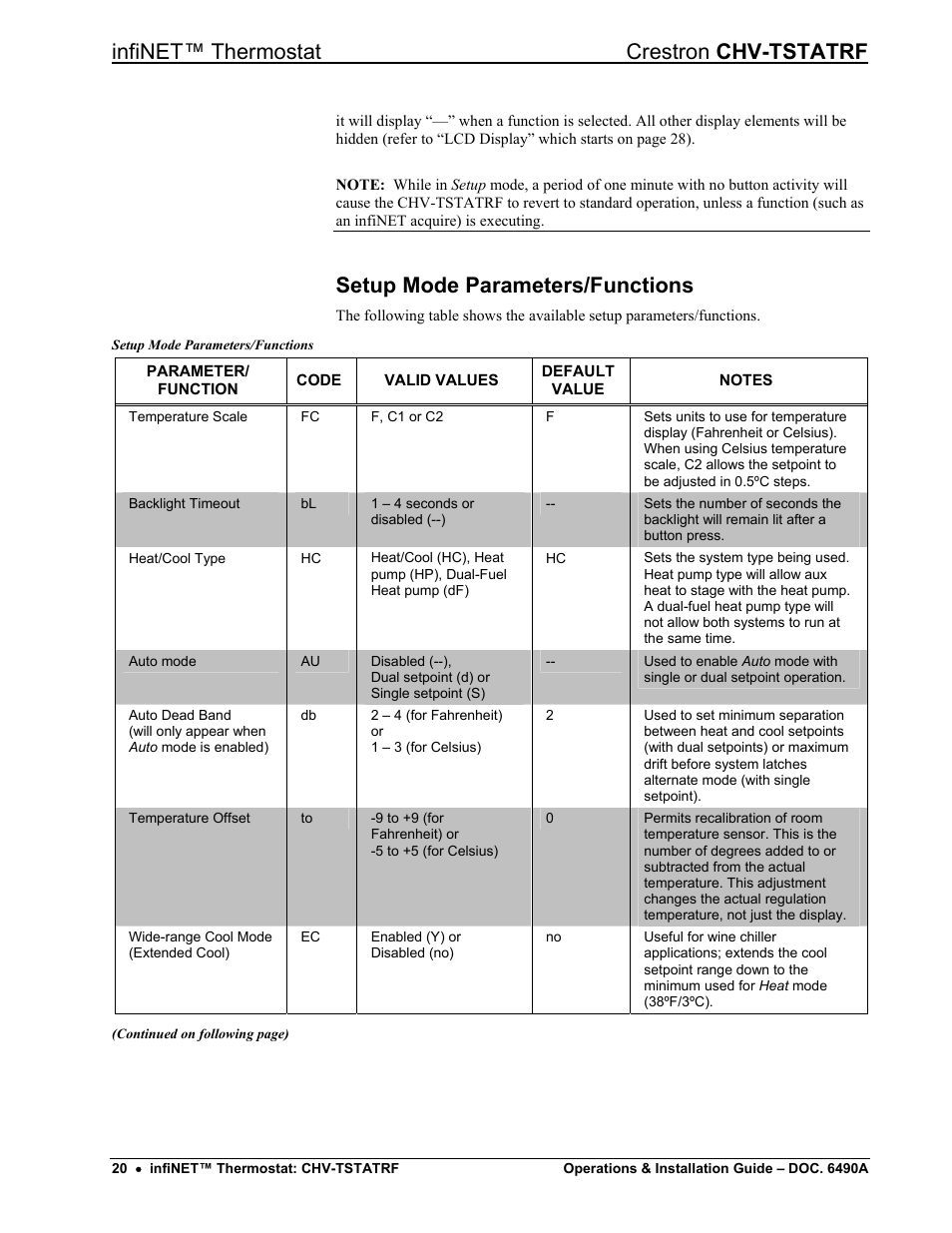 Setup mode parameters/functions, Setup mode parameters/functions” whi, Infinet™ thermostat crestron chv-tstatrf | Crestron electronic CHV-TSTATRF User Manual | Page 24 / 48