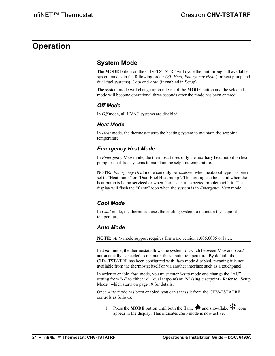 Operation, System mode, Infinet™ thermostat crestron chv-tstatrf | Crestron electronic CHV-TSTATRF User Manual | Page 28 / 48