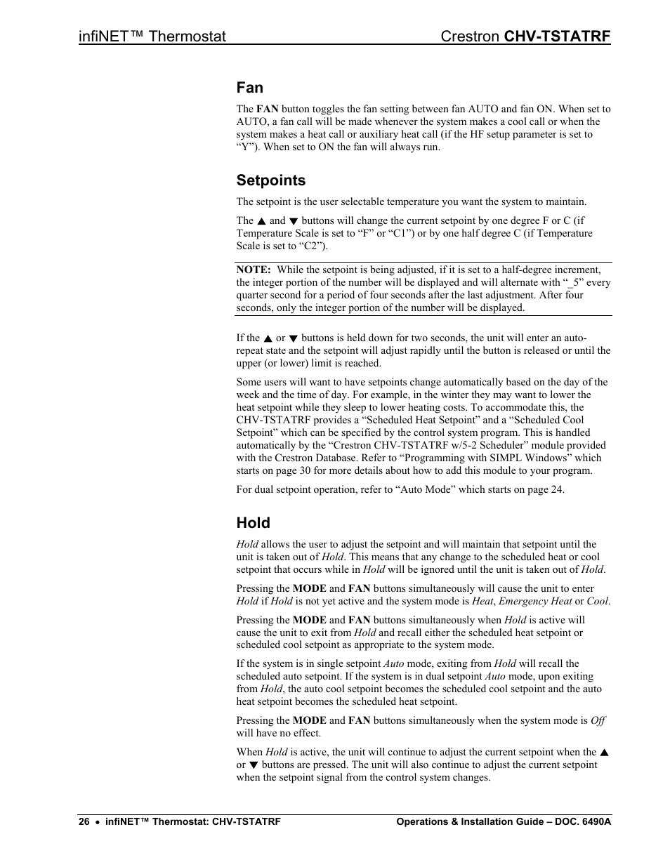 Setpoints, Hold, Infinet™ thermostat crestron chv-tstatrf | Crestron electronic CHV-TSTATRF User Manual | Page 30 / 48