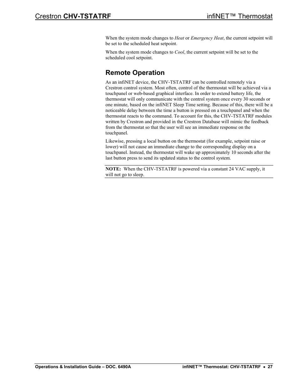 Remote operation, Crestron chv-tstatrf infinet™ thermostat | Crestron electronic CHV-TSTATRF User Manual | Page 31 / 48