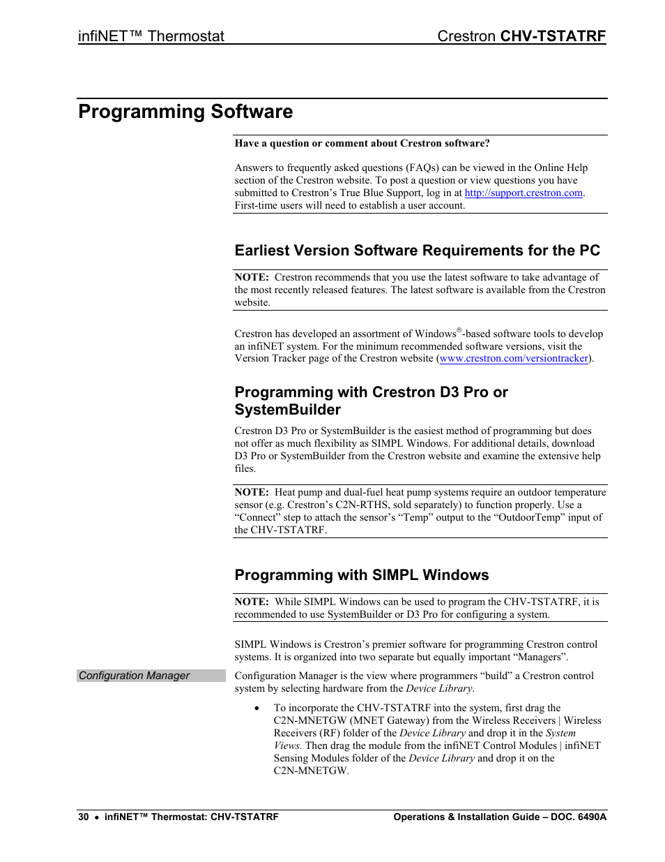 Programming software, Earliest version software requirements for the pc, Programming with crestron d3 pro or systembuilder | Programming with simpl windows, Programming with simpl windows” whi, Infinet™ thermostat crestron chv-tstatrf | Crestron electronic CHV-TSTATRF User Manual | Page 34 / 48