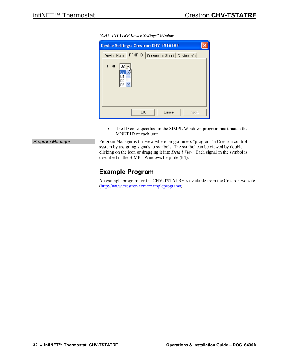 Example program, Infinet™ thermostat crestron chv-tstatrf | Crestron electronic CHV-TSTATRF User Manual | Page 36 / 48