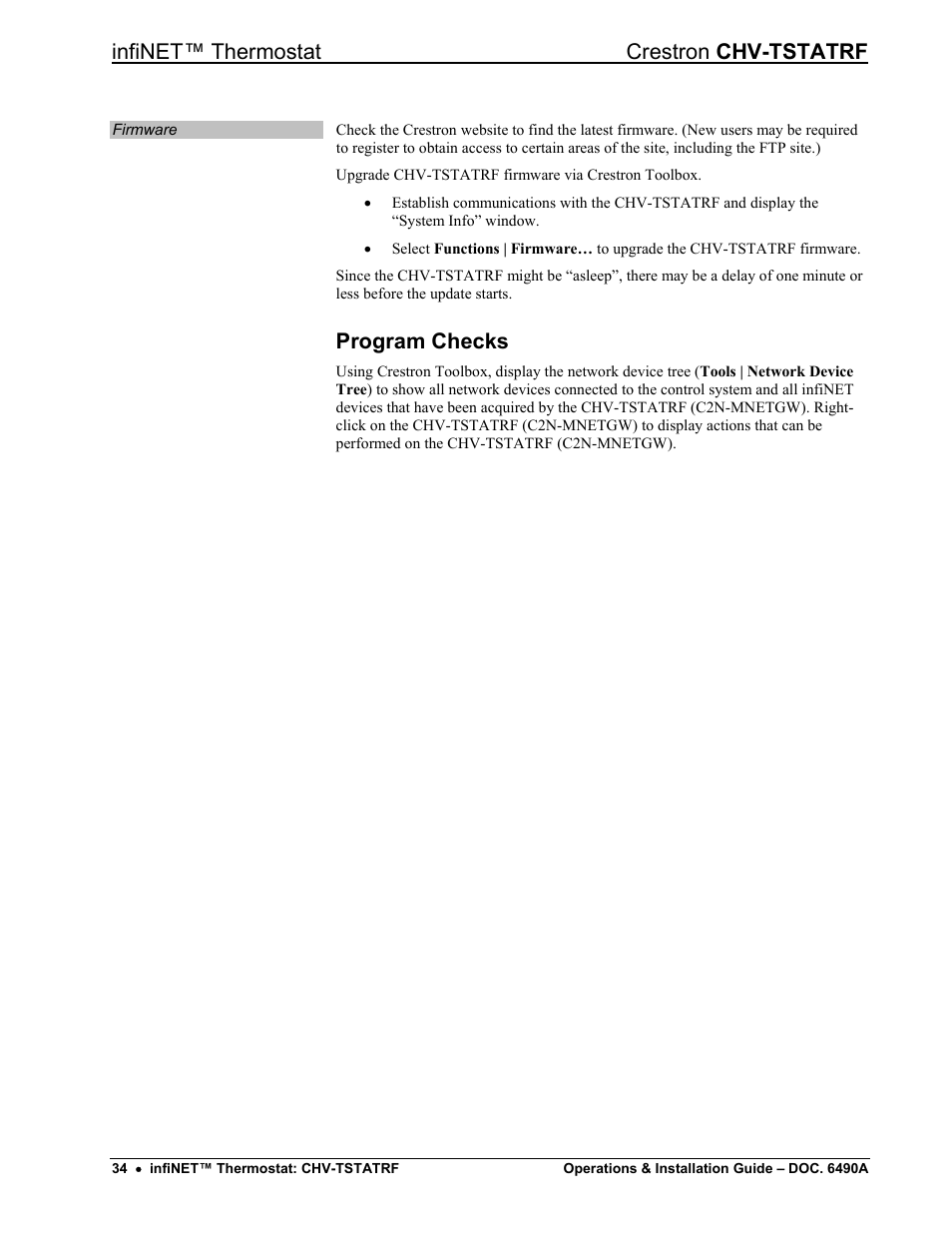 Program checks, Infinet™ thermostat crestron chv-tstatrf | Crestron electronic CHV-TSTATRF User Manual | Page 38 / 48