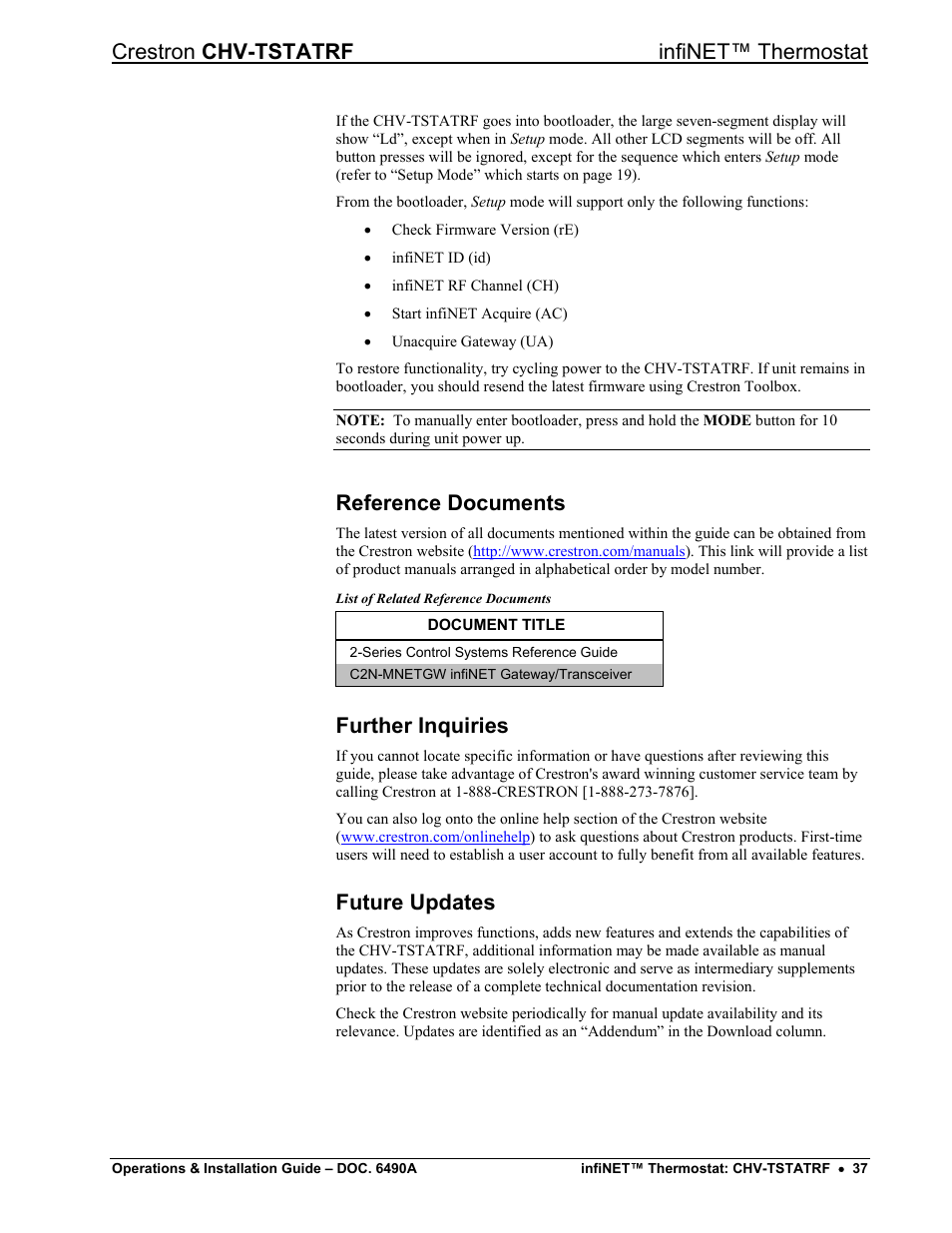 Reference documents, Further inquiries, Future updates | Crestron chv-tstatrf infinet™ thermostat | Crestron electronic CHV-TSTATRF User Manual | Page 41 / 48