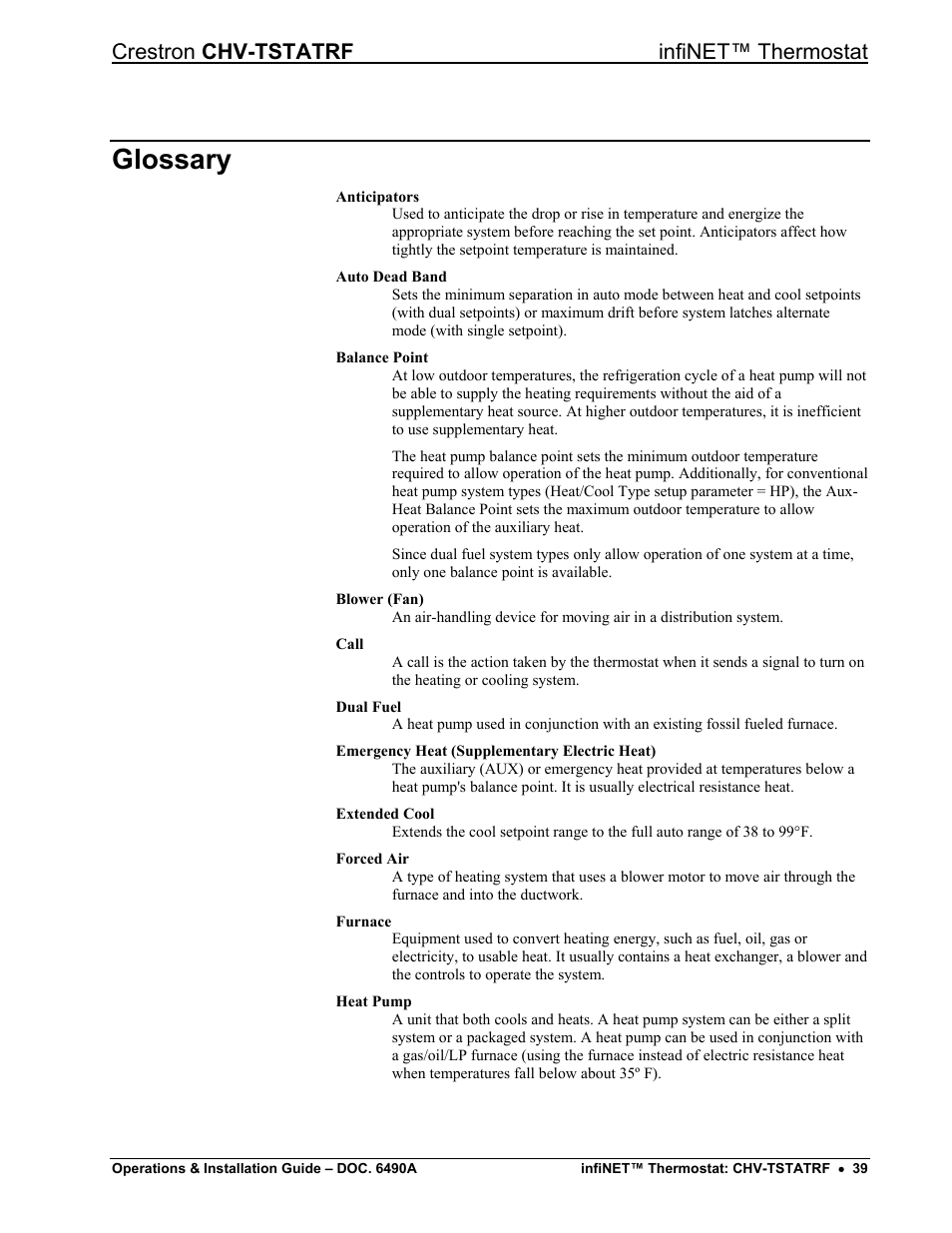 Glossary, Crestron chv-tstatrf infinet™ thermostat | Crestron electronic CHV-TSTATRF User Manual | Page 43 / 48