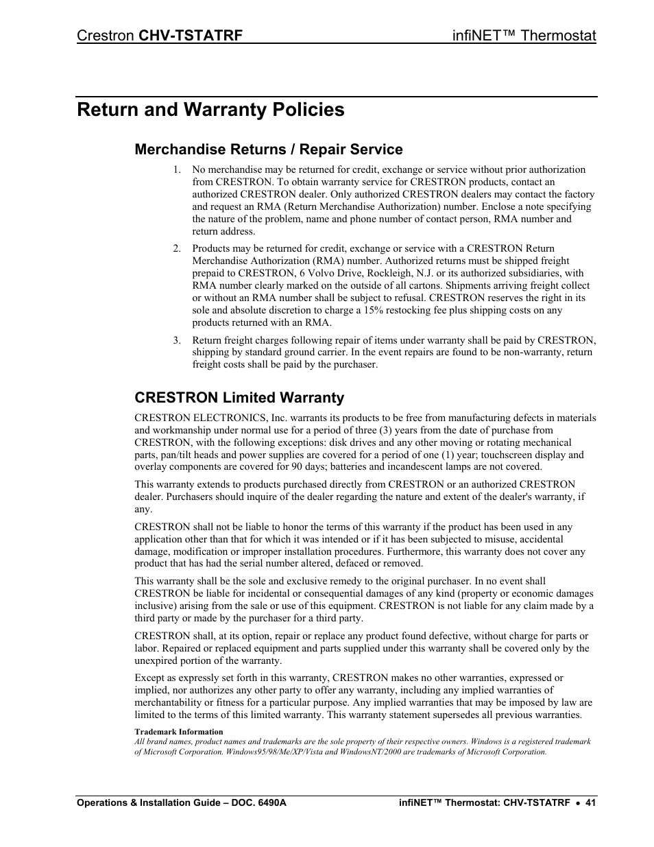 Return and warranty policies, Merchandise returns / repair service, Crestron limited warranty | Crestron chv-tstatrf infinet™ thermostat | Crestron electronic CHV-TSTATRF User Manual | Page 45 / 48