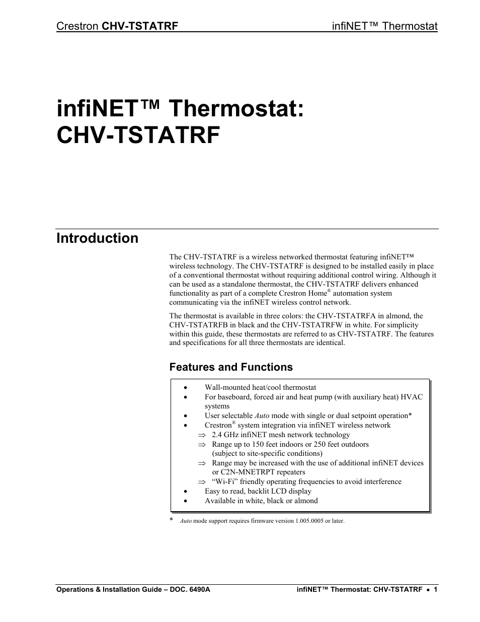Infinet™ thermostat: chv-tstatrf, Introduction, Features and functions | Crestron chv-tstatrf infinet™ thermostat | Crestron electronic CHV-TSTATRF User Manual | Page 5 / 48