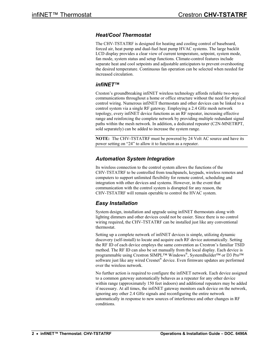 Infinet™ thermostat crestron chv-tstatrf | Crestron electronic CHV-TSTATRF User Manual | Page 6 / 48