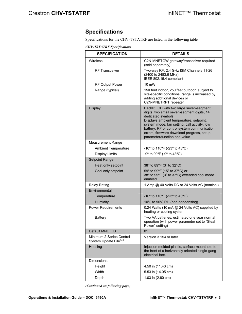 Specifications, Crestron chv-tstatrf infinet™ thermostat | Crestron electronic CHV-TSTATRF User Manual | Page 7 / 48