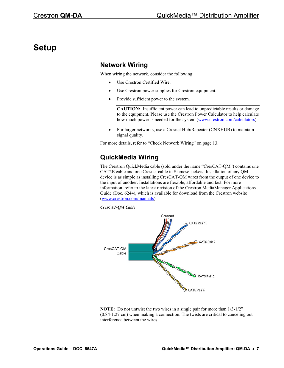 Setup, Network wiring, Quickmedia wiring | Crestron qm-da quickmedia™ distribution amplifier | Crestron electronic Manual QM-DA User Manual | Page 11 / 20
