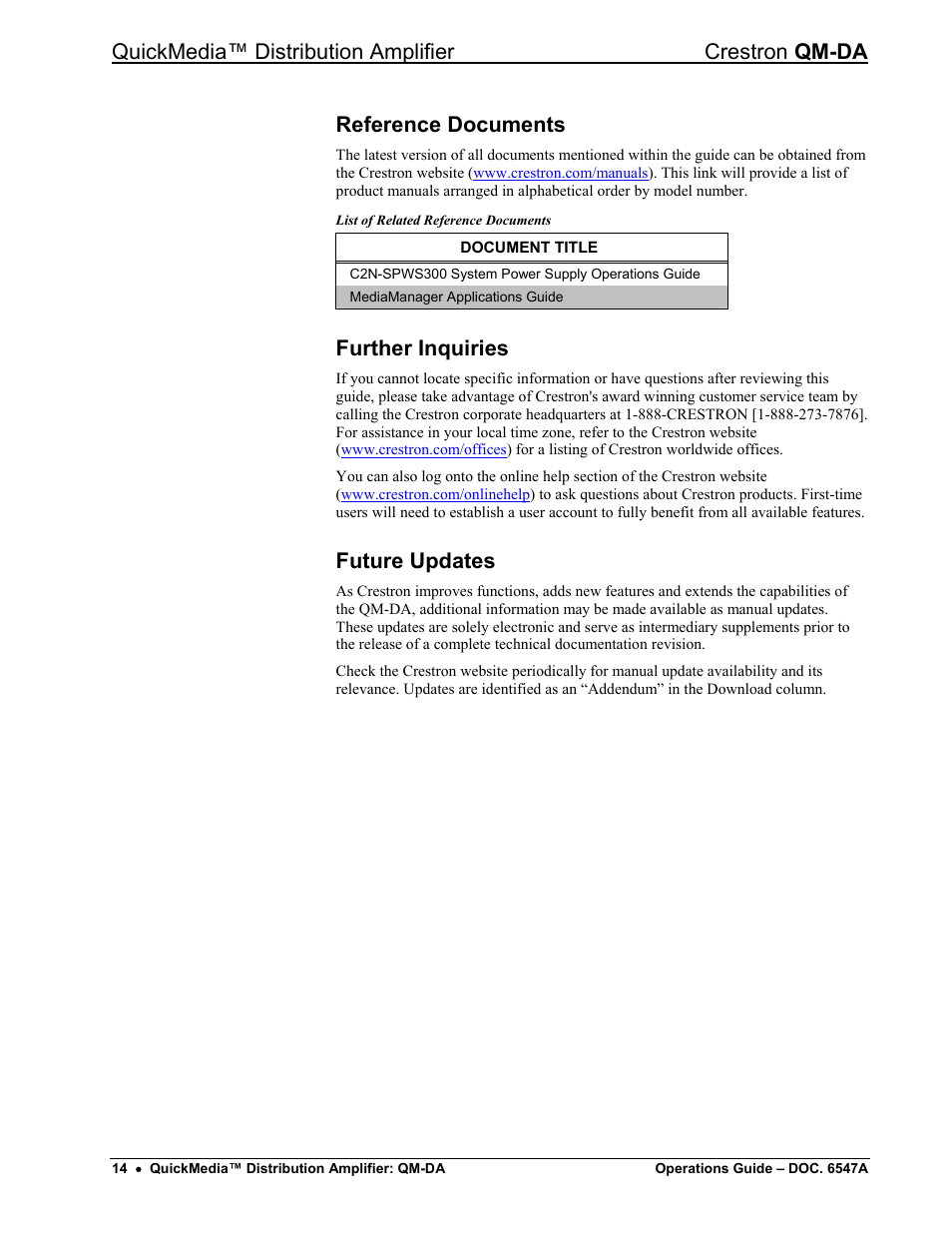 Reference documents, Further inquiries, Future updates | Quickmedia™ distribution amplifier crestron qm-da | Crestron electronic Manual QM-DA User Manual | Page 18 / 20