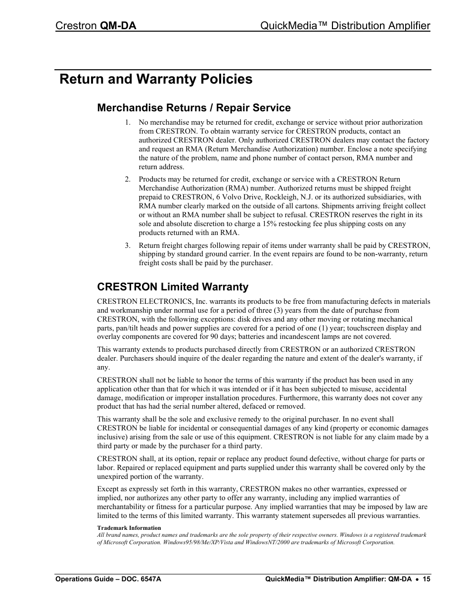 Return and warranty policies, Merchandise returns / repair service, Crestron limited warranty | Crestron qm-da quickmedia™ distribution amplifier | Crestron electronic Manual QM-DA User Manual | Page 19 / 20