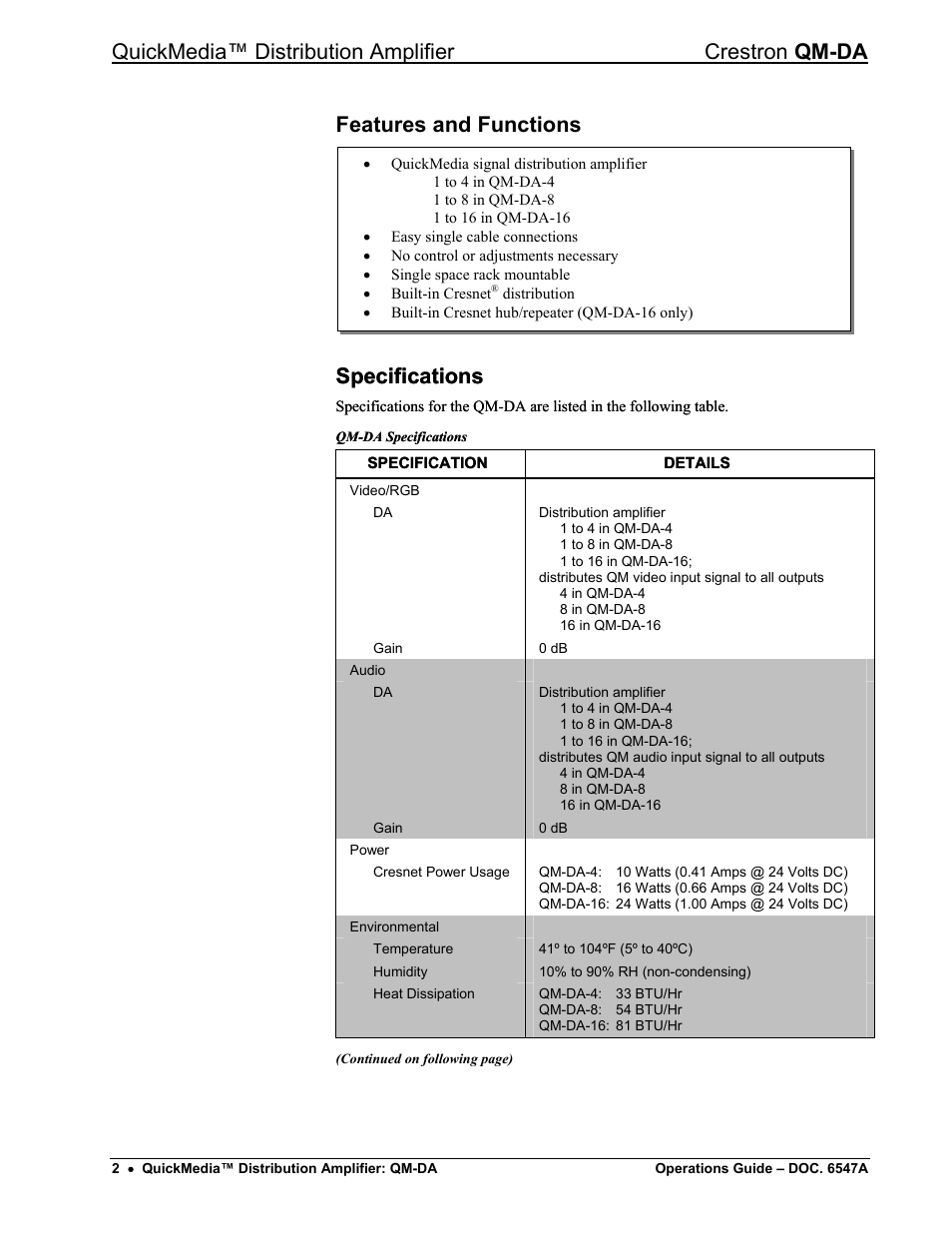 Features and functions, Specifications, Quickmedia™ distribution amplifier crestron qm-da | Crestron electronic Manual QM-DA User Manual | Page 6 / 20