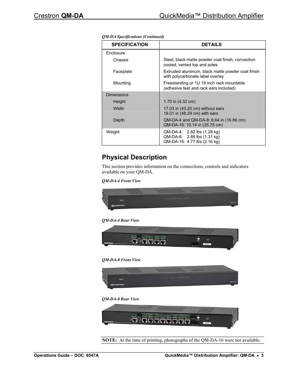 Physical description, Crestron qm-da quickmedia™ distribution amplifier | Crestron electronic Manual QM-DA User Manual | Page 7 / 20