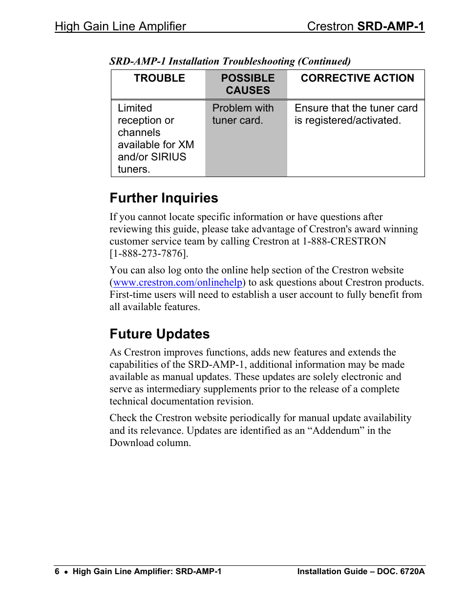 Further inquiries, Future updates | Crestron electronic High-Gain Line Amplifier SRD-AMP-1 User Manual | Page 10 / 12