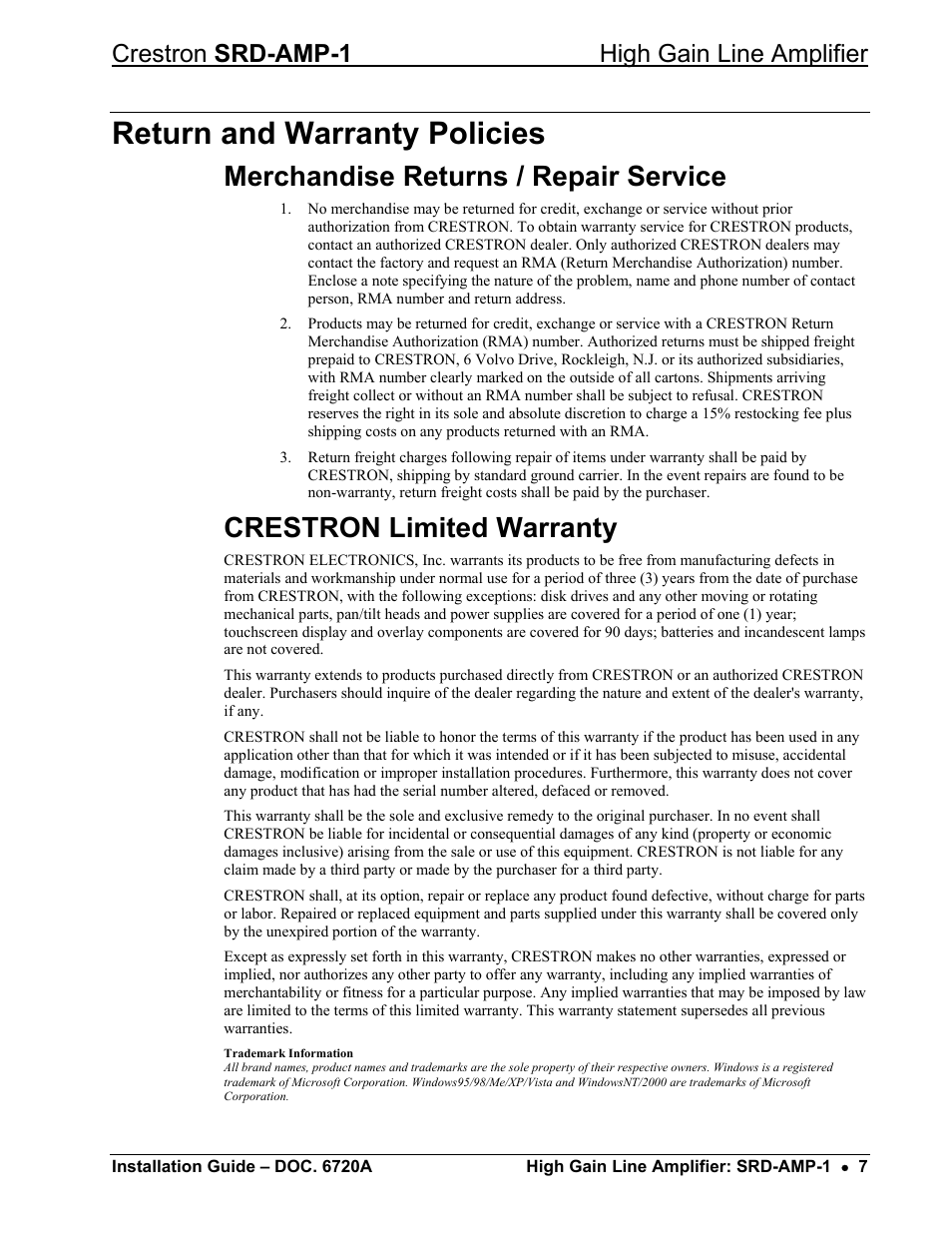 Return and warranty policies, Merchandise returns / repair service, Crestron limited warranty | Crestron srd-amp-1 high gain line amplifier | Crestron electronic High-Gain Line Amplifier SRD-AMP-1 User Manual | Page 11 / 12