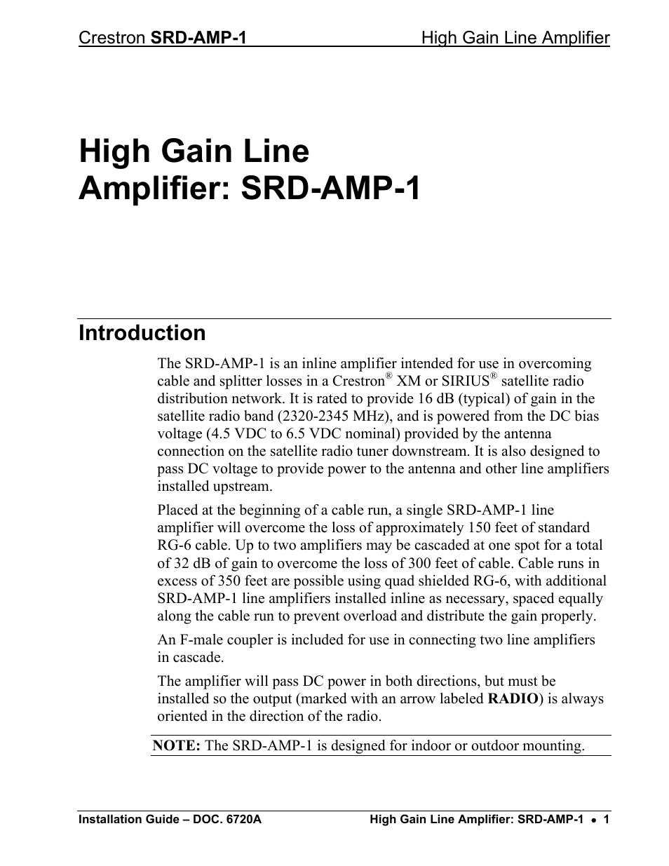 High gain line amplifier: srd-amp-1, Introduction | Crestron electronic High-Gain Line Amplifier SRD-AMP-1 User Manual | Page 5 / 12