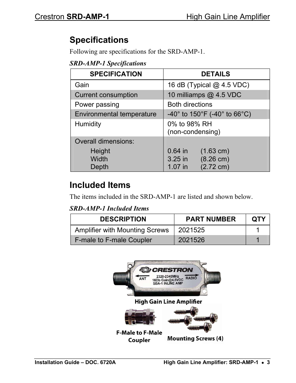 Specifications, Included items | Crestron electronic High-Gain Line Amplifier SRD-AMP-1 User Manual | Page 7 / 12