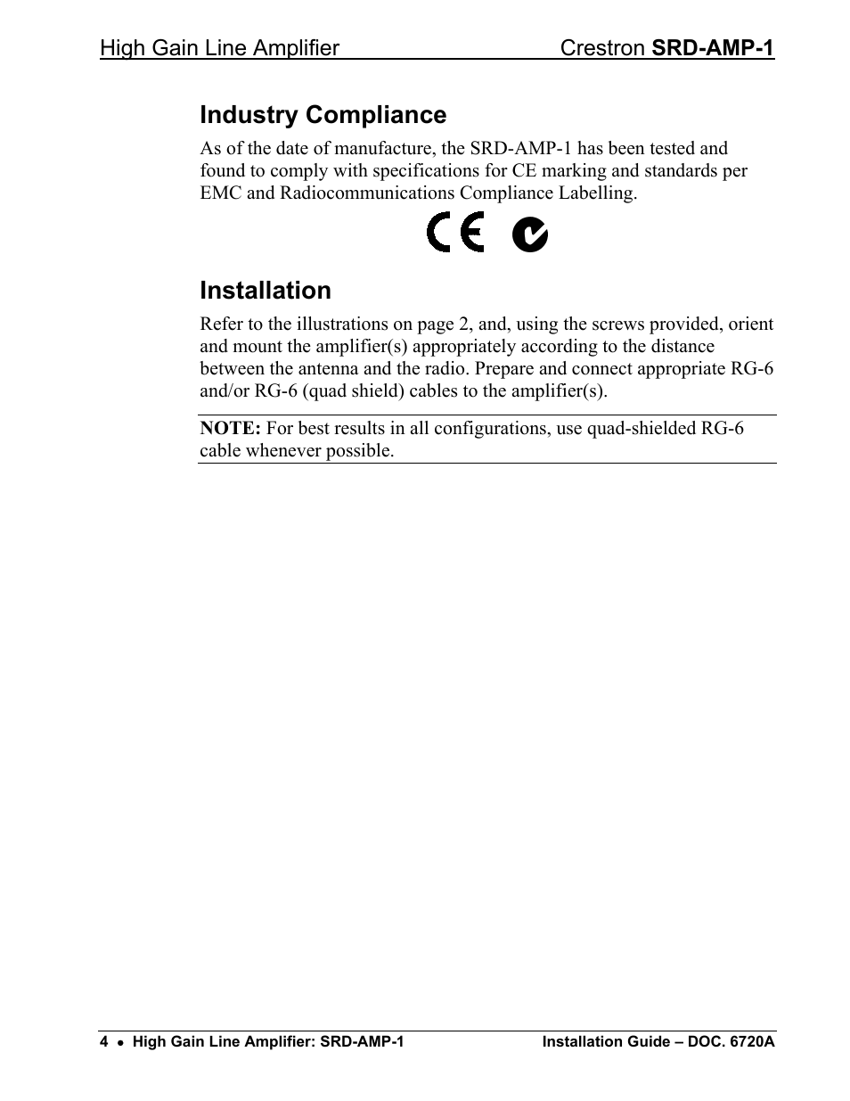 Industry compliance, Installation | Crestron electronic High-Gain Line Amplifier SRD-AMP-1 User Manual | Page 8 / 12
