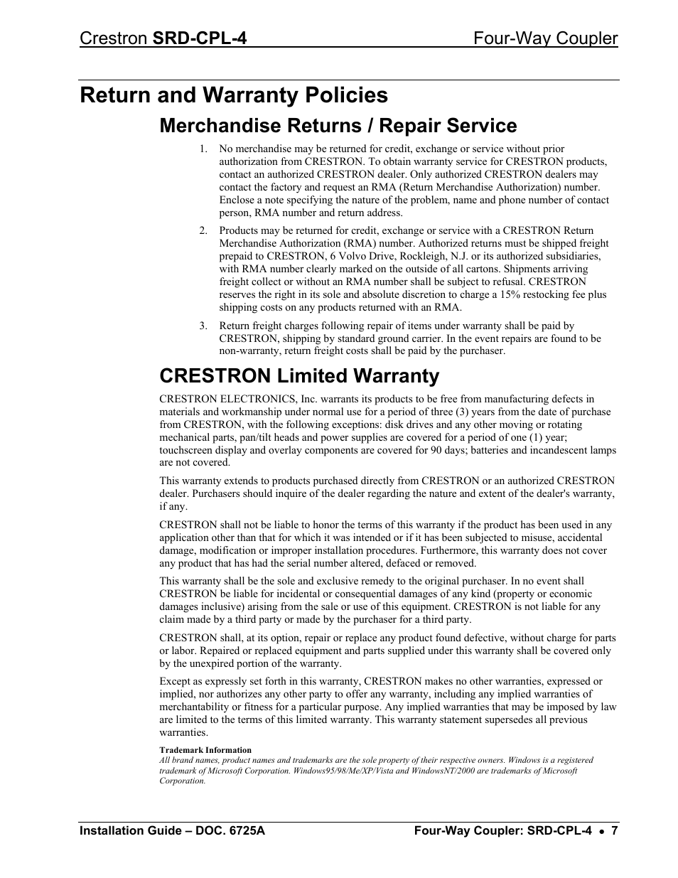 Return and warranty policies, Merchandise returns / repair service, Crestron limited warranty | Crestron srd-cpl-4 four-way coupler | Crestron electronic Four-Way Coupler SRD-CPL-4 User Manual | Page 11 / 12