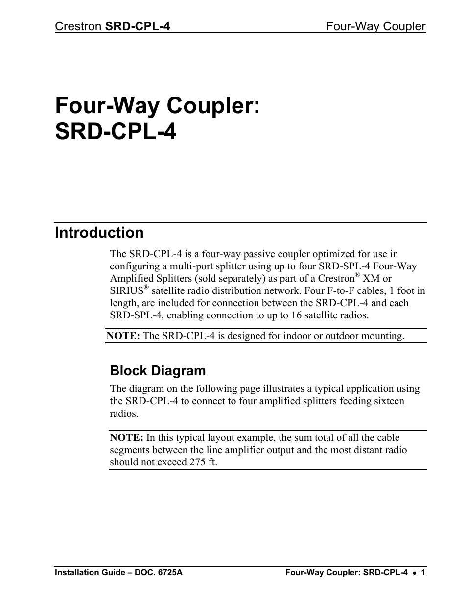Four-way coupler: srd-cpl-4, Introduction, Block diagram | Crestron electronic Four-Way Coupler SRD-CPL-4 User Manual | Page 5 / 12