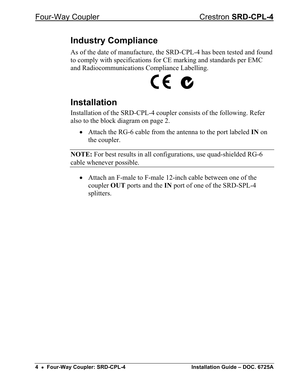 Industry compliance, Installation | Crestron electronic Four-Way Coupler SRD-CPL-4 User Manual | Page 8 / 12