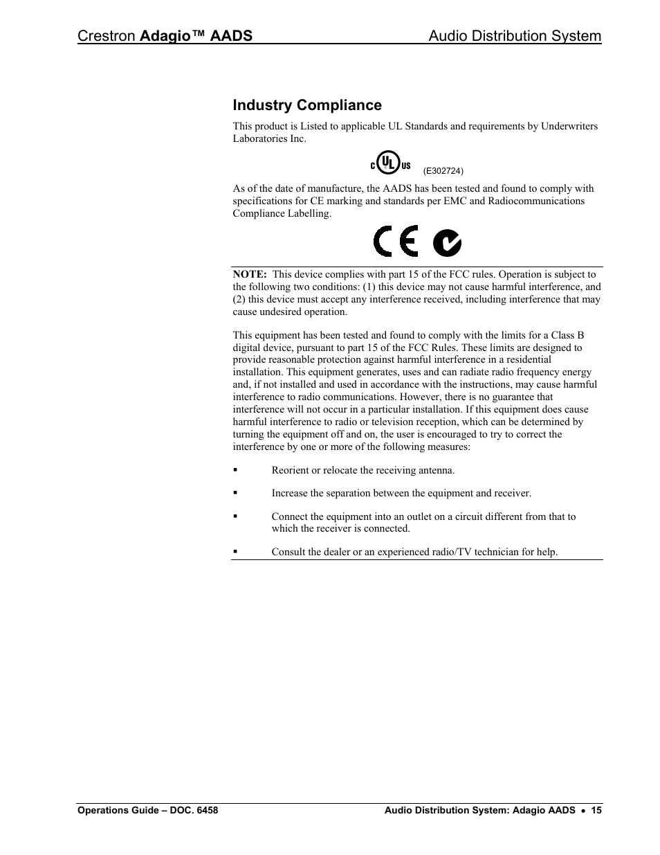 Industry compliance, Crestron adagio™ aads audio distribution system | Crestron electronic on wall speaker User Manual | Page 19 / 68
