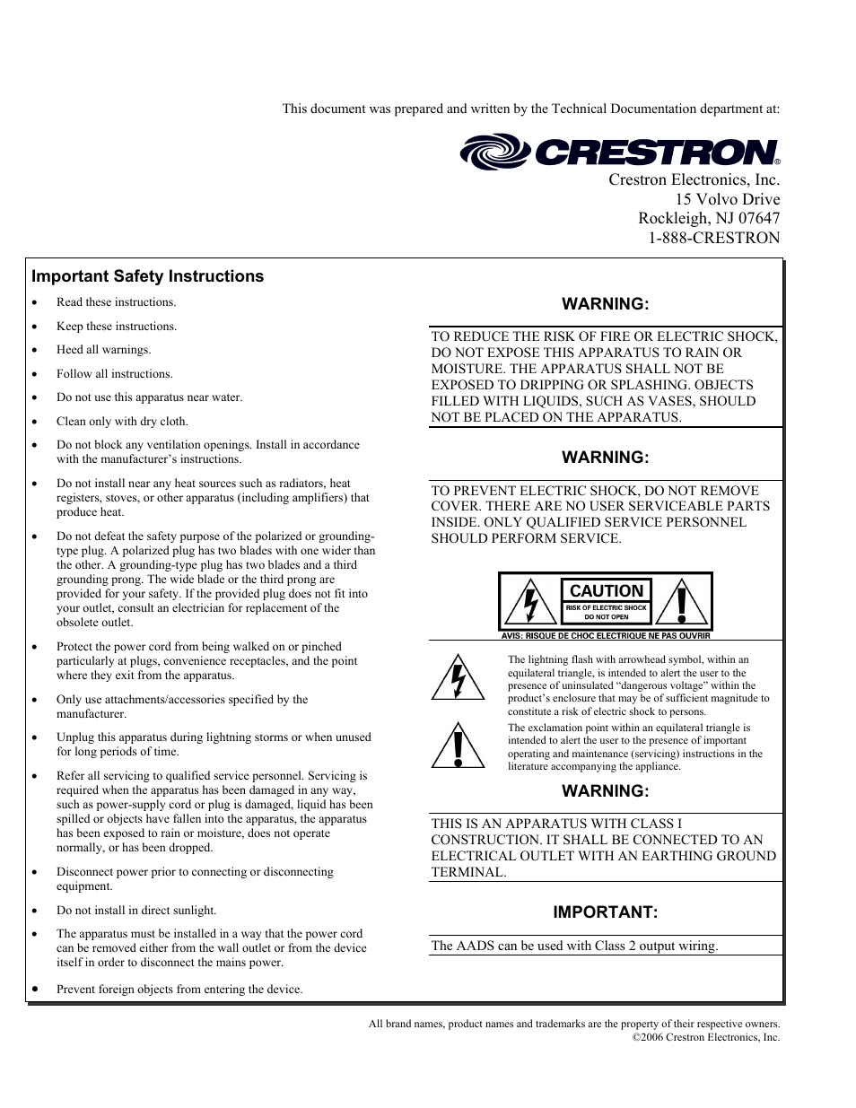 Important safety instructions | Crestron electronic on wall speaker User Manual | Page 2 / 68