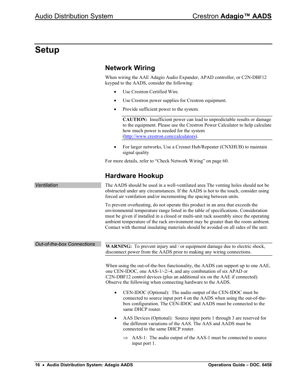 Setup, Network wiring, Hardware hookup | Audio distribution system crestron adagio™ aads | Crestron electronic on wall speaker User Manual | Page 20 / 68