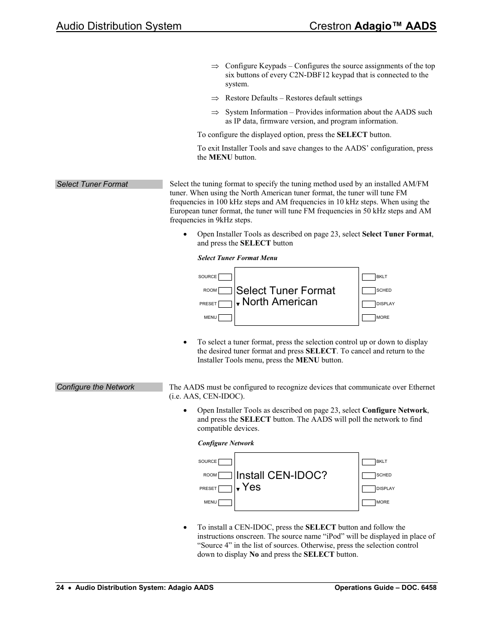 Audio distribution system crestron adagio™ aads, Select tuner format north american, Install cen-idoc? yes | Crestron electronic on wall speaker User Manual | Page 28 / 68