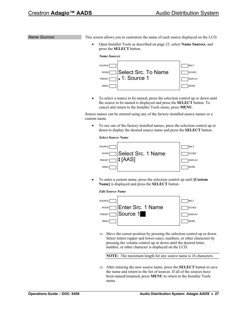 Crestron adagio™ aads audio distribution system, Select src. to name 1: source 1, Select src. 1 name [aas | Enter src. 1 name source 1a | Crestron electronic on wall speaker User Manual | Page 31 / 68