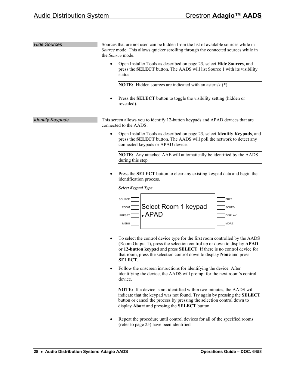 Audio distribution system crestron adagio™ aads, Select room 1 keypad apad | Crestron electronic on wall speaker User Manual | Page 32 / 68