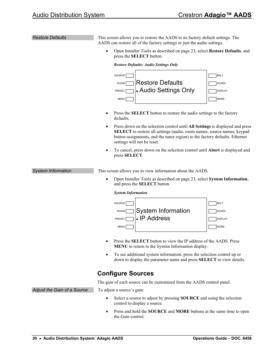 Configure sources, Audio distribution system crestron adagio™ aads, Restore defaults audio settings only | System information ip address | Crestron electronic on wall speaker User Manual | Page 34 / 68