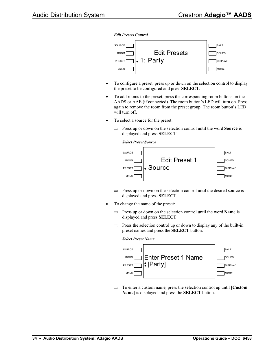 Audio distribution system crestron adagio™ aads, Edit presets 1: party, Edit preset 1 source | Enter preset 1 name [party | Crestron electronic on wall speaker User Manual | Page 38 / 68