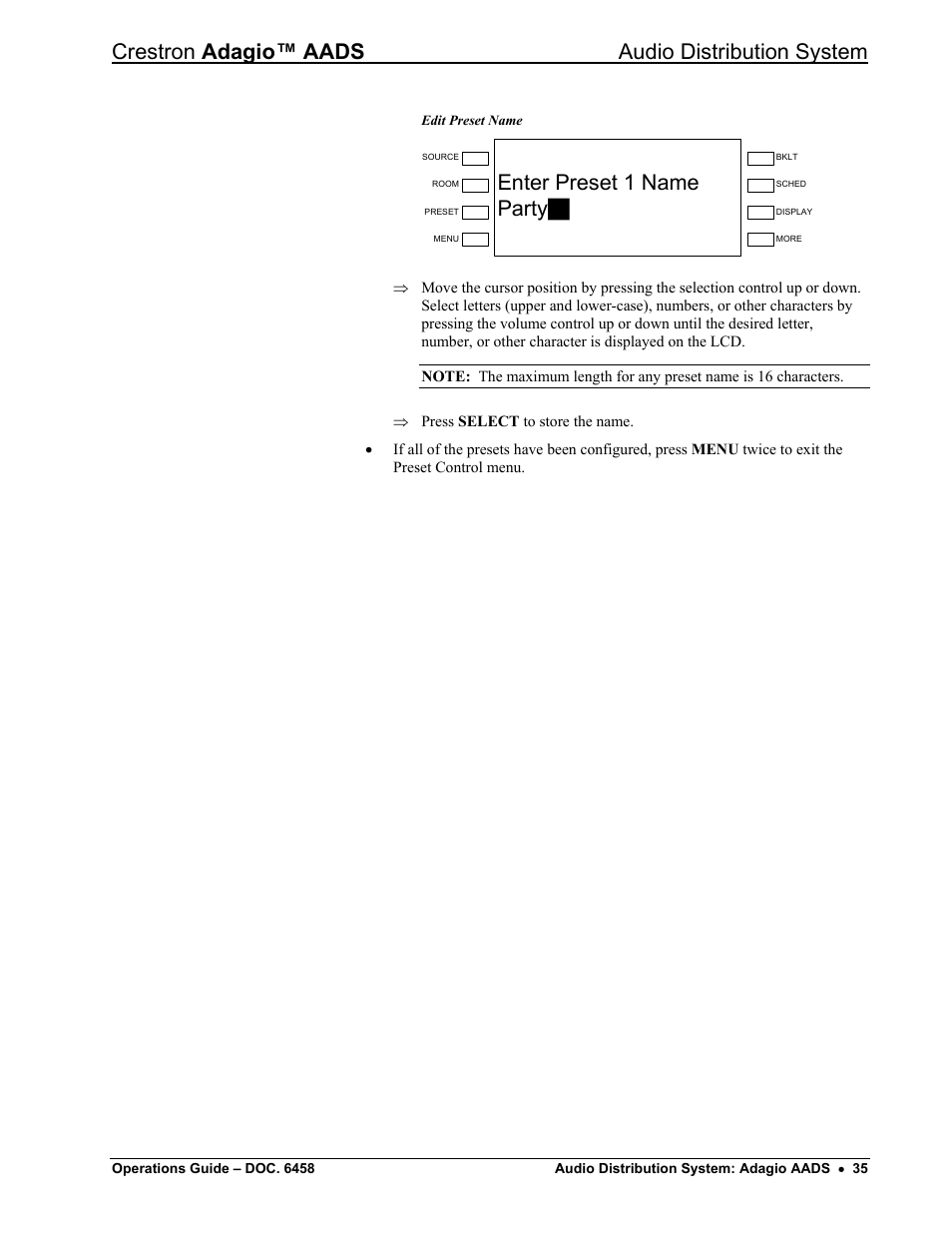 Crestron adagio™ aads audio distribution system, Enter preset 1 name partya | Crestron electronic on wall speaker User Manual | Page 39 / 68
