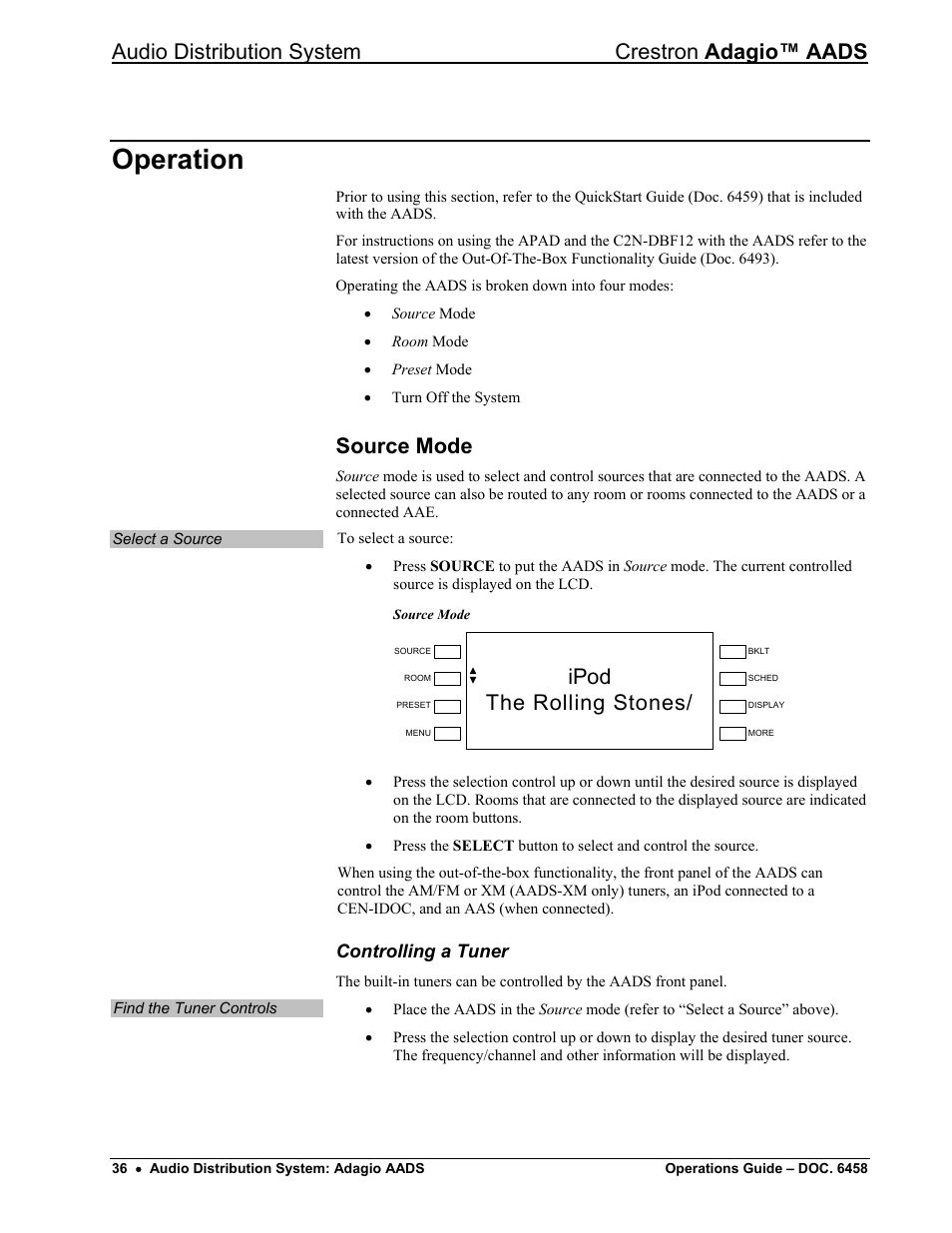 Operation, Source mode, Controlling a tuner | Audio distribution system crestron adagio™ aads, Ipod the rolling stones | Crestron electronic on wall speaker User Manual | Page 40 / 68