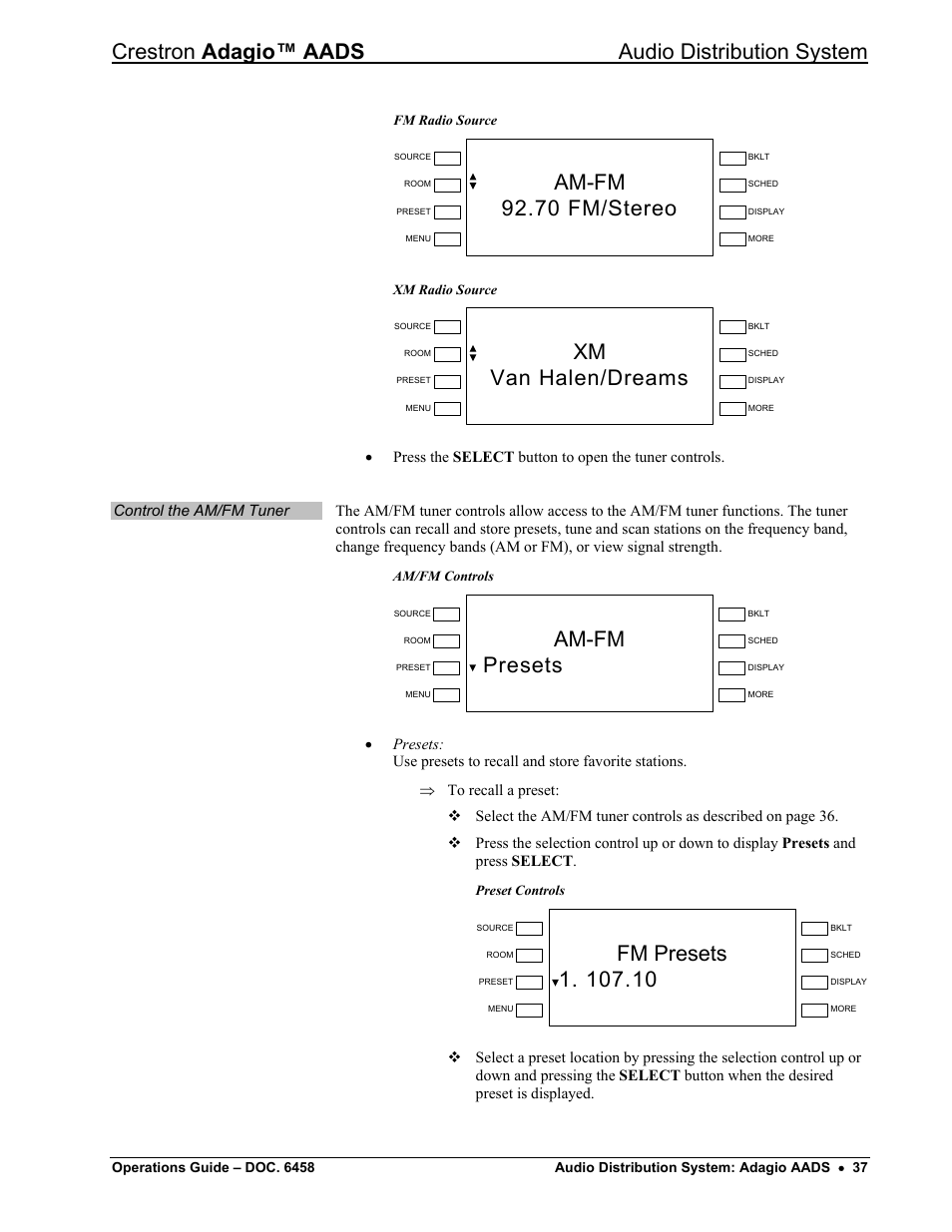 Crestron adagio™ aads audio distribution system, Am-fm 92.70 fm/stereo, Xm van halen/dreams | Am-fm presets | Crestron electronic on wall speaker User Manual | Page 41 / 68